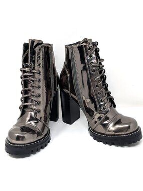 Jeffrey Campbell Metallic Pewter Lace Up Chunky Ankle Boots "Legion" Size 6M